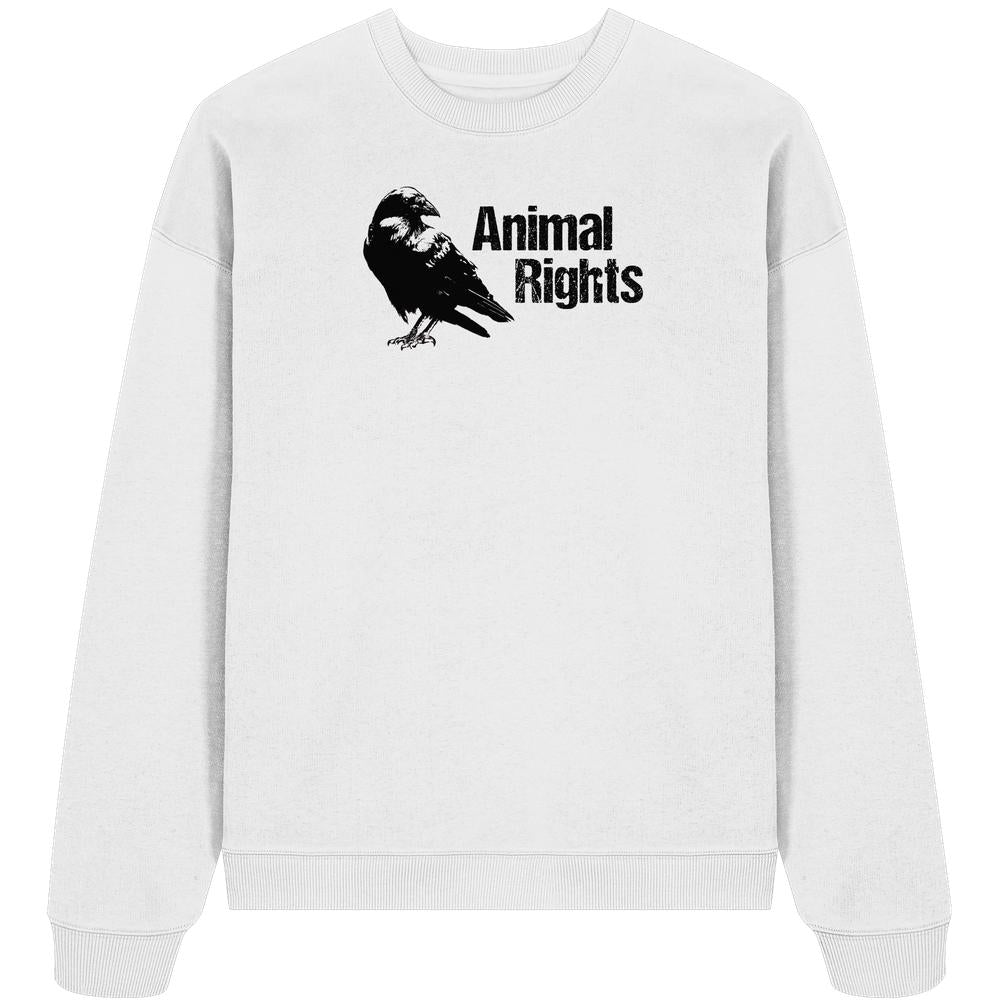 Vegan und Bio Oversized Sweatshirt: Weißes Crewneck mit schwarzem Raben und Animal Rights-Text, aus 100% Bio-Baumwolle, betont Tierrechte und nachhaltiges Design.