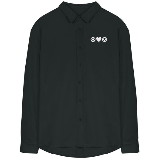 Schwarzes, langärmliges Hemd mit Peace - Love - Veganism Stickerei auf der Brust, aus 100% Bio-Baumwolle, entspannter Schnitt, von RUDE REBEL.