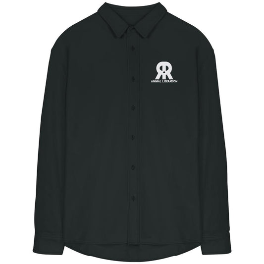 Vegan und Bio Hemd: RUDE REBEL Skull - Animal Liberation, schwarzes Langarmhemd mit Knopfleiste, weißem Logo und besticktem Totenkopf-Design aus Bio-Baumwolle.