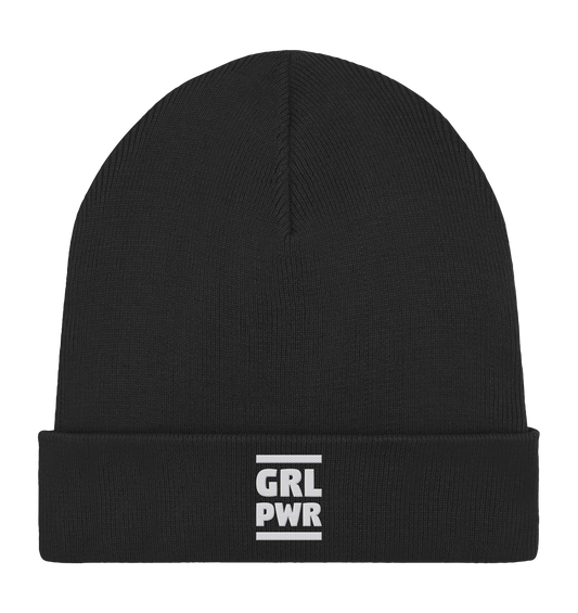 Vegan, Organic & Recycled Beanie: GIRL POWER - Design mit feministischer Message in schwarz (bedruckt mit GIRL POWER ohne Vokale und zwei fette Balken, Feminismus Merch, feministische Prints, feministische Kleidung, Gleichberechtigung für Frauen)