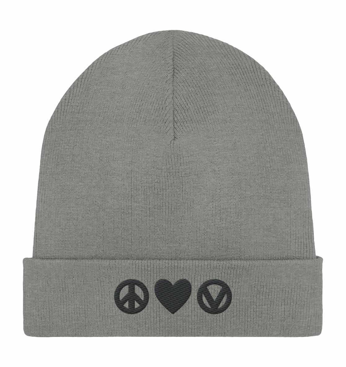 Graue Mütze mit Peace- und Herzsymbol, aus Bio-Baumwolle und recyceltem Polyester. Design: Peace - Love - Veganism. Doppel-Lagig, umschlagbar. Maße: 22x28,5 cm.