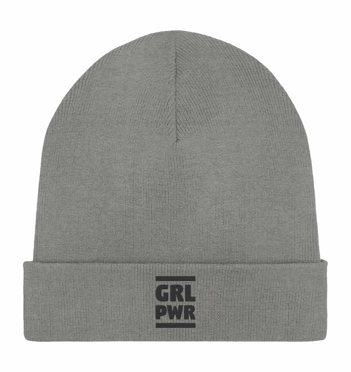 Vegan und Bio Mütze: GIRL POWER - Graue Mütze mit schwarzem Logo aus Bio-Baumwolle und Recyclingmaterialien, repräsentiert Stärke und Emanzipation.