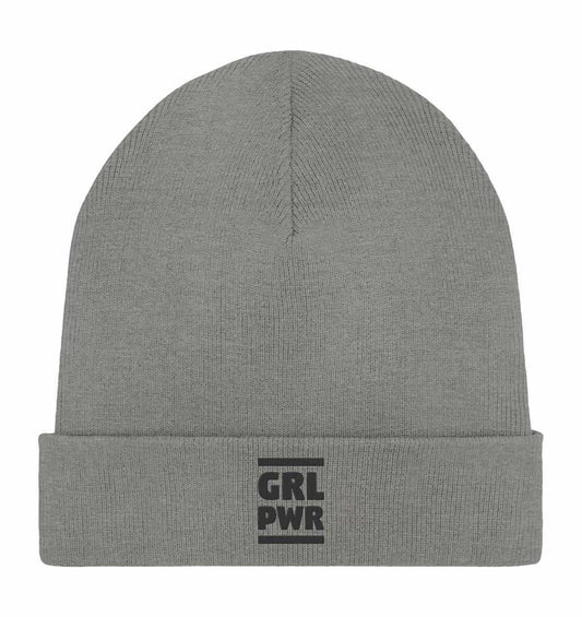Vegan und Bio Mütze: GIRL POWER - Graue Mütze mit schwarzem Logo aus Bio-Baumwolle und Recyclingmaterialien, repräsentiert Stärke und Emanzipation.