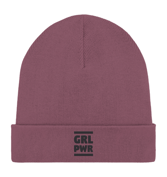 Vegan, Organic & Recycled Beanie: GIRL POWER - Design mit feministischer Message (bedruckt mit GIRL POWER ohne Vokale und zwei fette Balken, Feminismus Merch, feministische Prints, feministische Kleidung, Gleichberechtigung für Frauen) in rosa