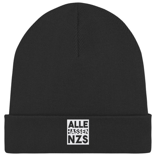 Vegan und Bio Mütze: ALLE HASSEN NAZS! Schwarze Strickmütze mit weißem Patch, rebellisches Design. Hergestellt aus Bio-Baumwolle und recyceltem Polyester, doppellagig, mit Umschlag.