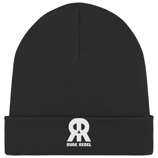 Vegan und Bio Mütze: RUDE REBEL Skull, schwarze Strickmütze mit umgeschlagenem Bund und weißem RR Logo über RUDE REBEL, aus Bio-Baumwolle und recyceltem Polyester.