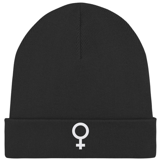 Schwarze, vegane Bio-Mütze mit Venussymbol auf dem Umschlag, symbolisiert den feministischen Kampf für Gleichberechtigung; hergestellt aus Bio-Baumwolle und recyceltem Polyester.