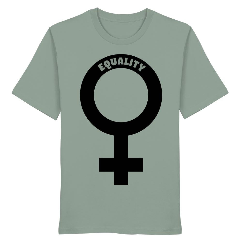 Unisex T-Shirt mit großem schwarzen Venussymbol und EQUALITY.-Aufschrift, aus 100% Bio-Baumwolle, betont feministische Gleichberechtigung.