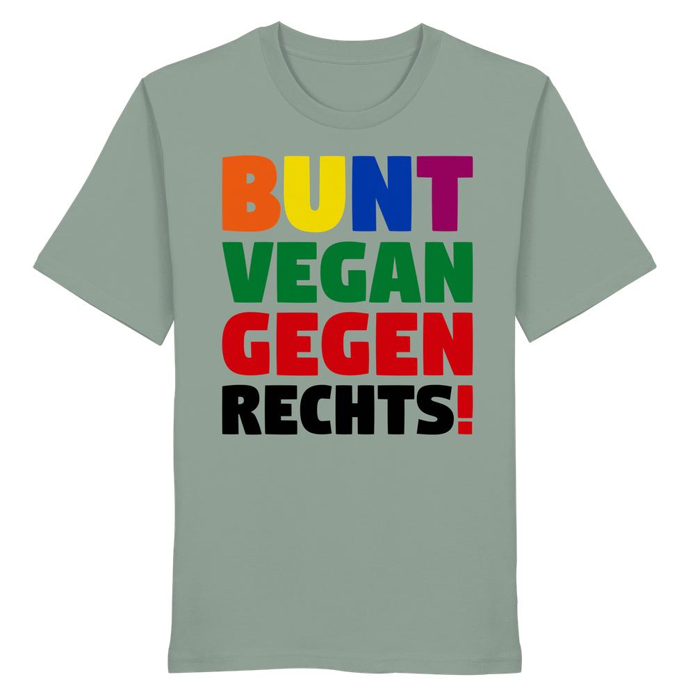 Vegan und Bio Unisex Shirt: BUNT, VEGAN und GEGEN RECHTS! Helles grünes T-Shirt mit großem, buntem Slogan, 100% Bio-Baumwolle. Fördert Toleranz und Nachhaltigkeit.