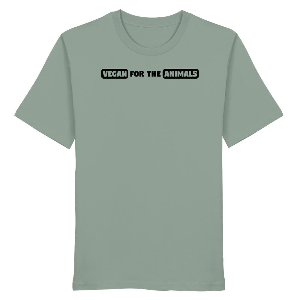 Unisex T-Shirt aus Bio-Baumwolle mit dem Aufdruck VEGAN FOR THE ANIMALS in Schwarz, repräsentiert tierfreundliche und nachhaltige Mode von RUDE REBEL.
