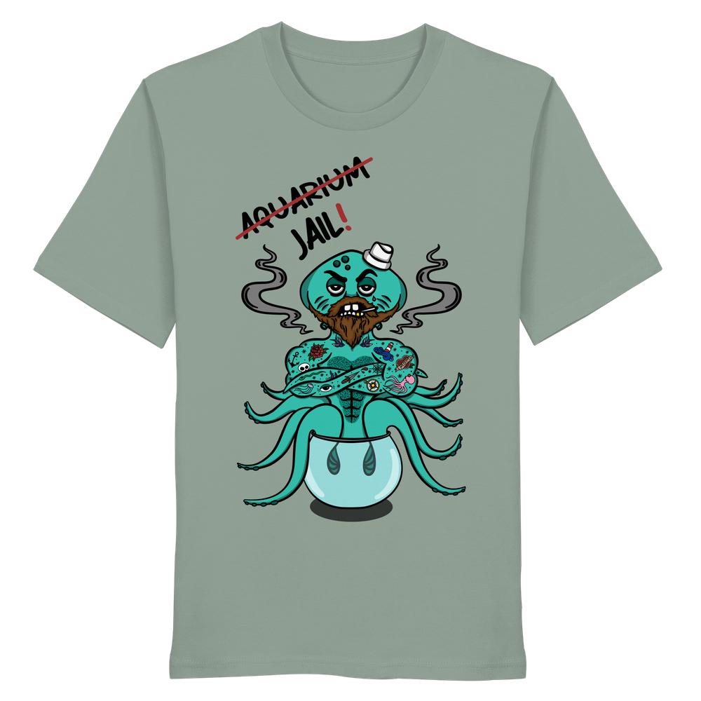 T-Shirt-Grafik: Tätowierter Oktopus auf Fischglas, mit Kapitänsmütze und Zigarette; Aufschrift Aquarium durchgestrichen, ersetzt durch Jail!. Veganes Bio-Shirt für Tierrechte.