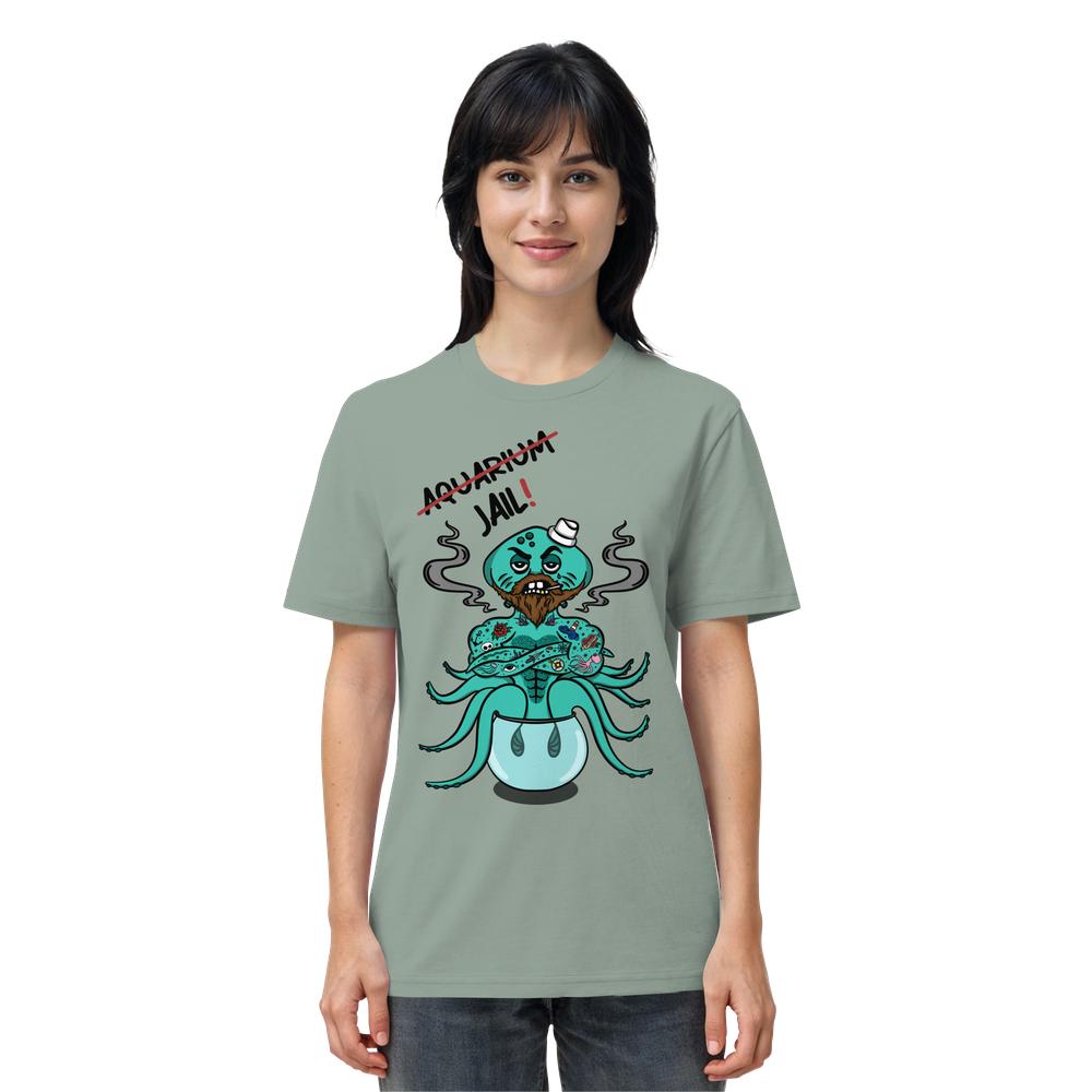 Person trägt ein Vegan und Bio Unisex Shirt: Animal Rights - Aquarium=Jail! mit cartoonhaftem, bärtigem Oktopus-Design und kritischer Botschaft gegen Aquarienhaltung aus Bio-Baumwolle.