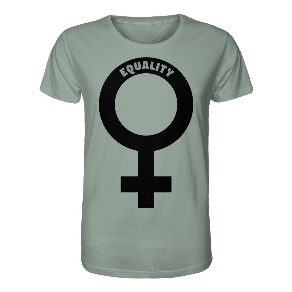 Vegan und Bio Unisex Shirt mit großem Venussymbol und EQUALITY-Schriftzug, aus 100 % Bio-Baumwolle, normales Design von RUDE REBEL für Gleichberechtigung.
