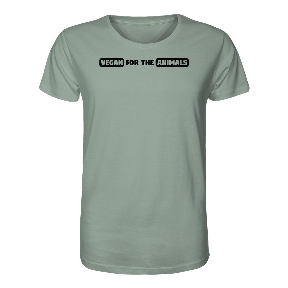 Sagegrünes T-Shirt mit „VEGAN FOR THE ANIMALS“ Slogan, aus 100% Bio-Baumwolle, normale Passform, von RUDE REBEL für tierliebe, nachhaltige Mode.