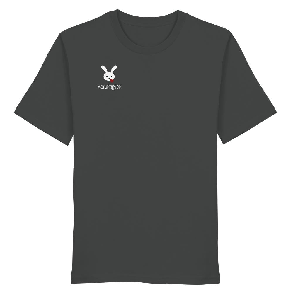Unisex-Shirt aus Bio-Baumwolle mit normaler Passform, zeigt ein kleines, weißes Hasenmotiv mit rotem Akzent und „#crueltyfree“ auf der linken Brust.