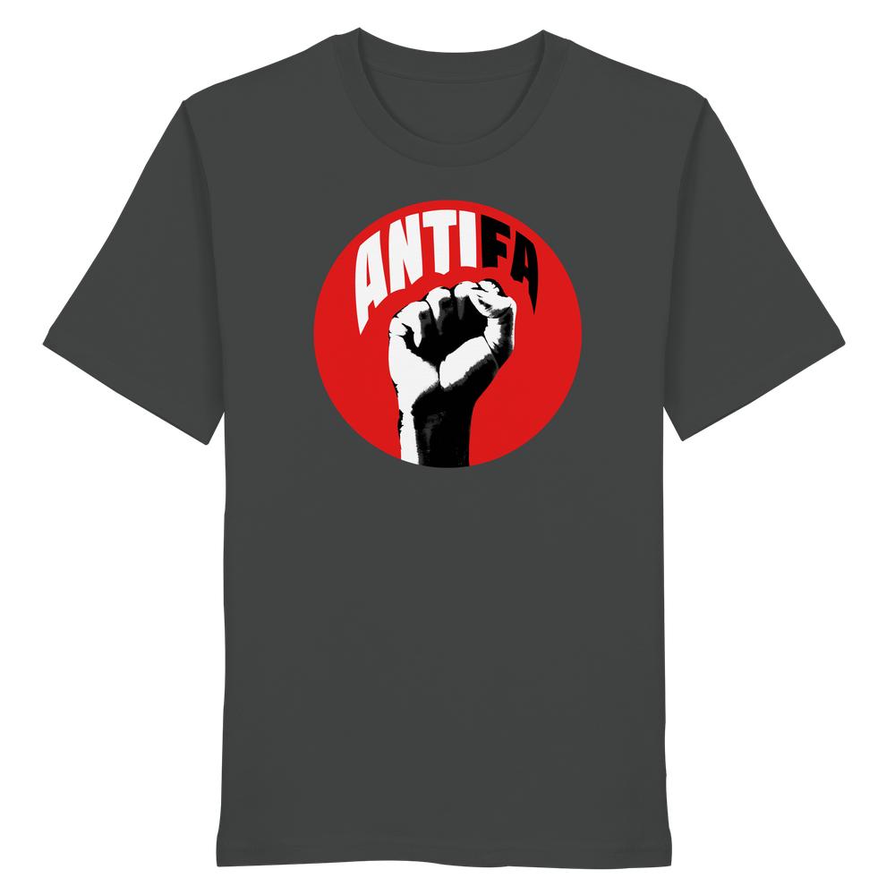 Vegan und Bio Unisex Shirt: Antifa - Kampf gegen Rechts mit rotem Kreis und erhobener Faust, symbolisiert Widerstand gegen Faschismus. 100 % Bio-Baumwolle.