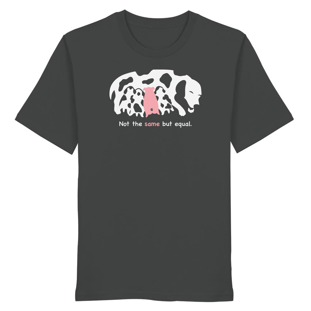 Vegan und Bio Unisex Shirt: Animal equality mit Grafik von zwei Hunden und Slogan “Not the same but equal.” aus 100 % Bio-Baumwolle, normale Passform.