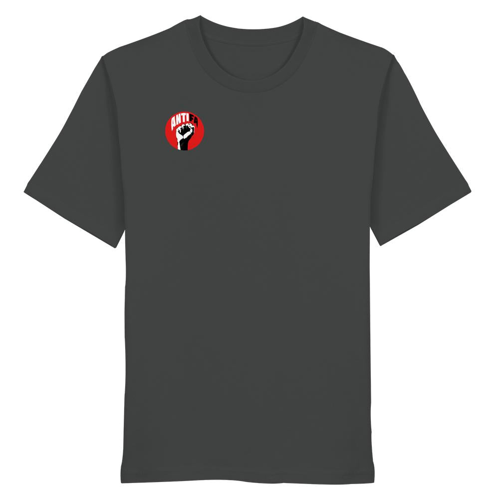 Dunkelgraues Shirt mit „ANTIFA“-Emblem, vegan und umweltfreundlich aus Bio-Baumwolle, symbolisiert Widerstand gegen Rechts, hergestellt von RUDE REBEL, passend für Menschen, die Liebe und Freiheit fördern.
