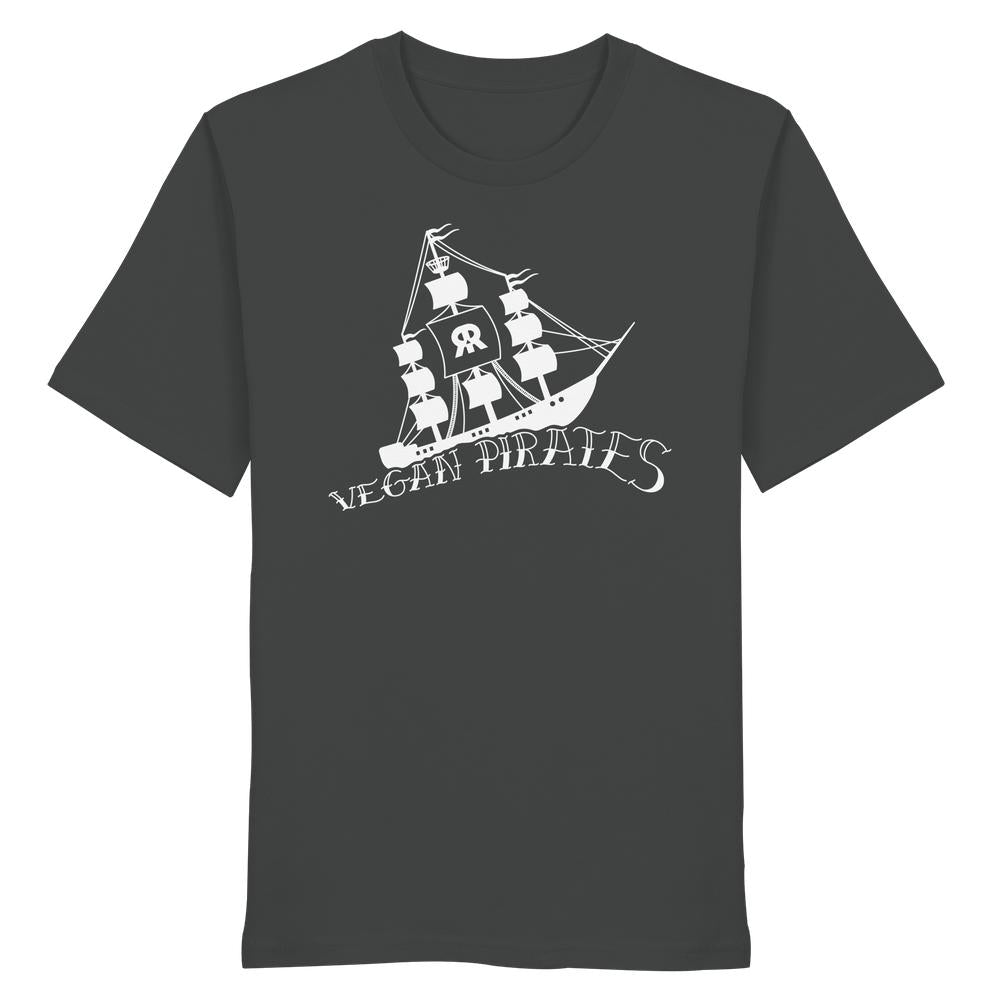 Dunkelgraues Bio-T-Shirt mit weißem Segelschiff-Print und dem Text VEGAN PIRATES. Repräsentiert den rebellischen, veganen Stil von RUDE REBEL. Material: 100% Bio-Baumwolle.