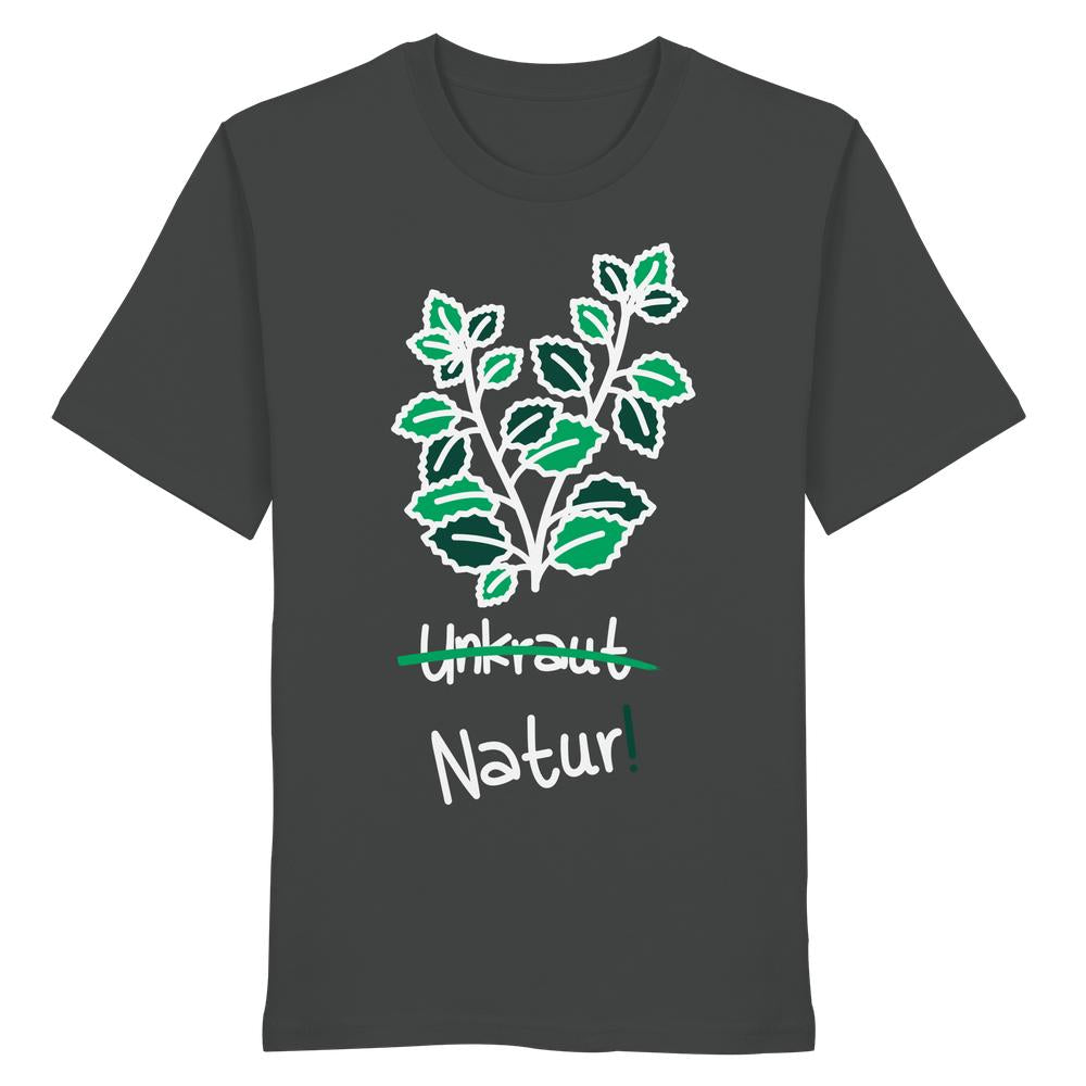 Vegan und Bio Unisex Shirt: Brennnessel - Naturschutz mit Pflanzenzeichnung und durchgestrichenem Unkraut, ersetzt durch Natur!. Baumwolle, normale Passform.