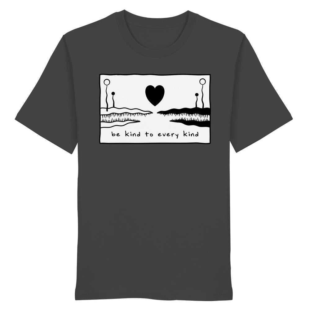 Vegan und Bio Unisex Shirt: Be kind to every kind mit handgezeichnetem Motiv, Herz und Pflanzen, aus 100% Bio-Baumwolle, normale Passform, von RUDE REBEL.