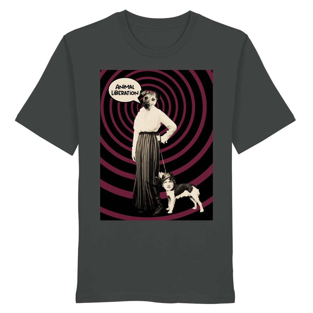 Vegan und Bio Unisex Shirt: Upside Down - Animal Liberation mit surrealem Collage-Design einer Frau mit Hundekopf, Hund mit Frauenkopf und Textblase „ANIMAL LIBERATION“.