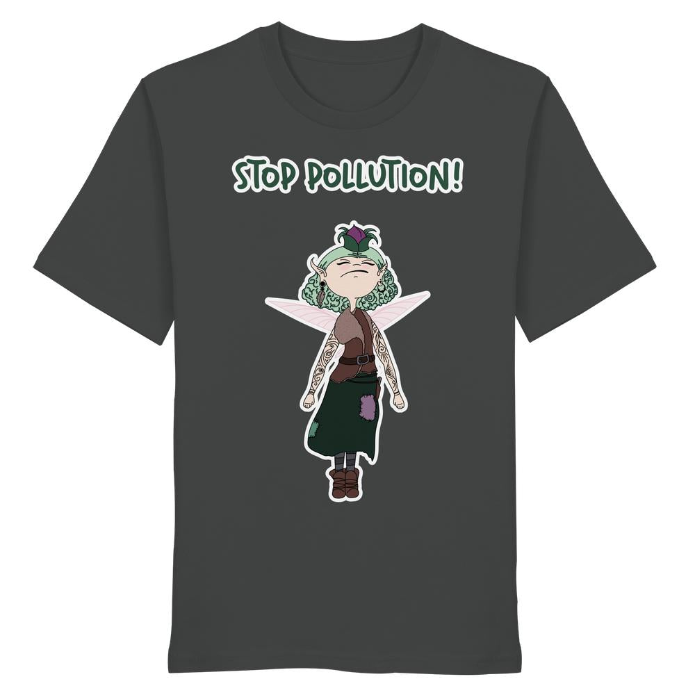 Vegan und Bio Unisex Shirt: STOP POLLUTION! - Krawall Fee mit naturverbundenem Design, feenhafte Figur, Protestschrift und umweltbewusster Botschaft auf dunkelgrauem T-Shirt aus Biobaumwolle.