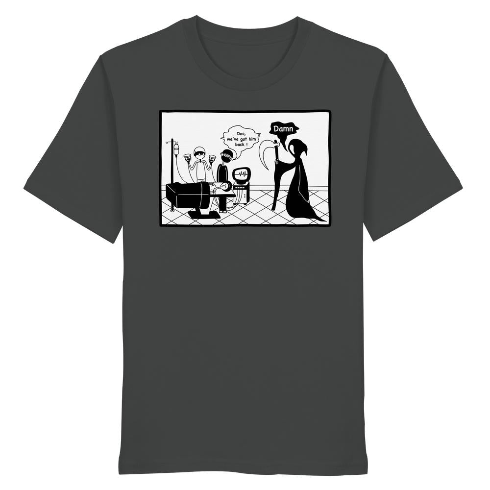 Vegan und Bio Unisex Shirt: Comicstripe - The Reaper zeigt einen humorvollen Cartoon mit Ärzten, die den Tod bei einer Operation vereiteln. Hergestellt aus 100 % Bio-Baumwolle.