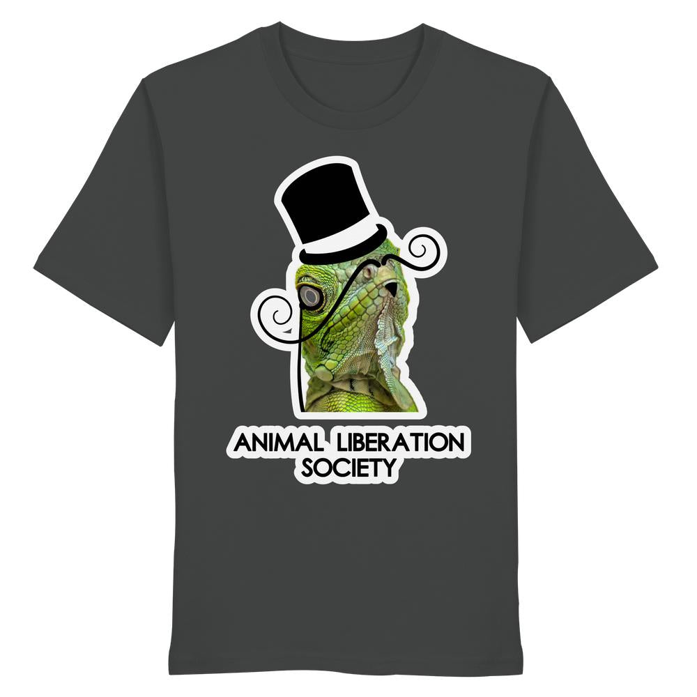 Unisex Bio-Shirt „Sir Reptile“ mit grünem Iguana in Zylinder und Schnurrbart, Slogan „ANIMAL LIBERATION SOCIETY“. 100% Bio-Baumwolle, nachhaltiger RUDE REBEL Style.
