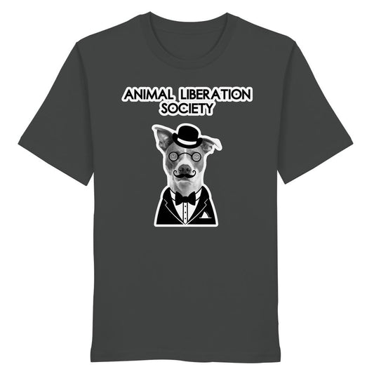 Vegan und Bio Unisex Shirt: Mr. Dog - Animal Liberation Society mit stilisiertem Hund im Frack, Monokel und Zylinder, verkörpert Tierrechts-Gedankenexperiment.