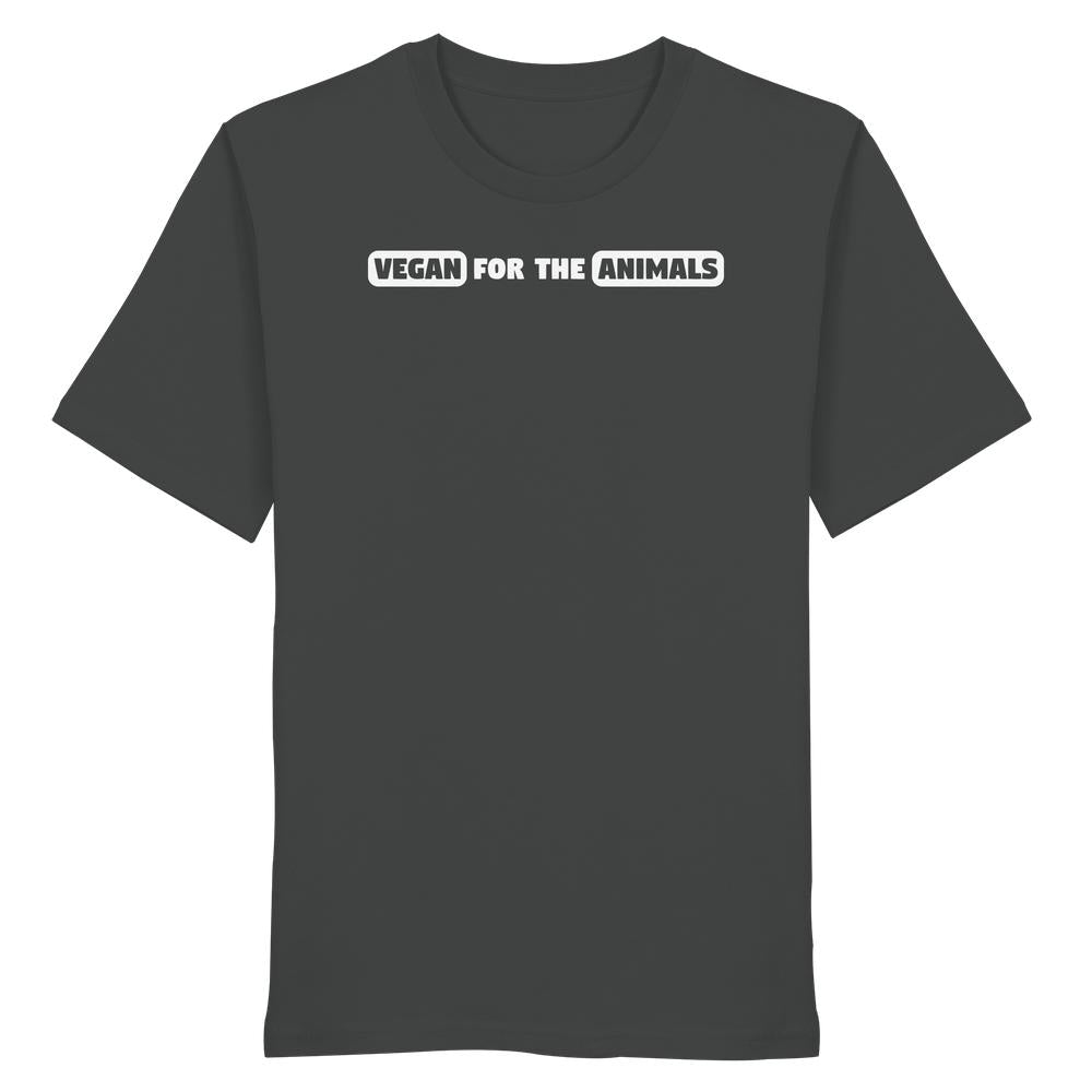 Vegan und Bio Unisex Shirt: VEGAN FOR THE ANIMALS, dunkelgraues T-Shirt mit weißem Slogan, aus 100 % Bio-Baumwolle, normale Passform, von RUDE REBEL.