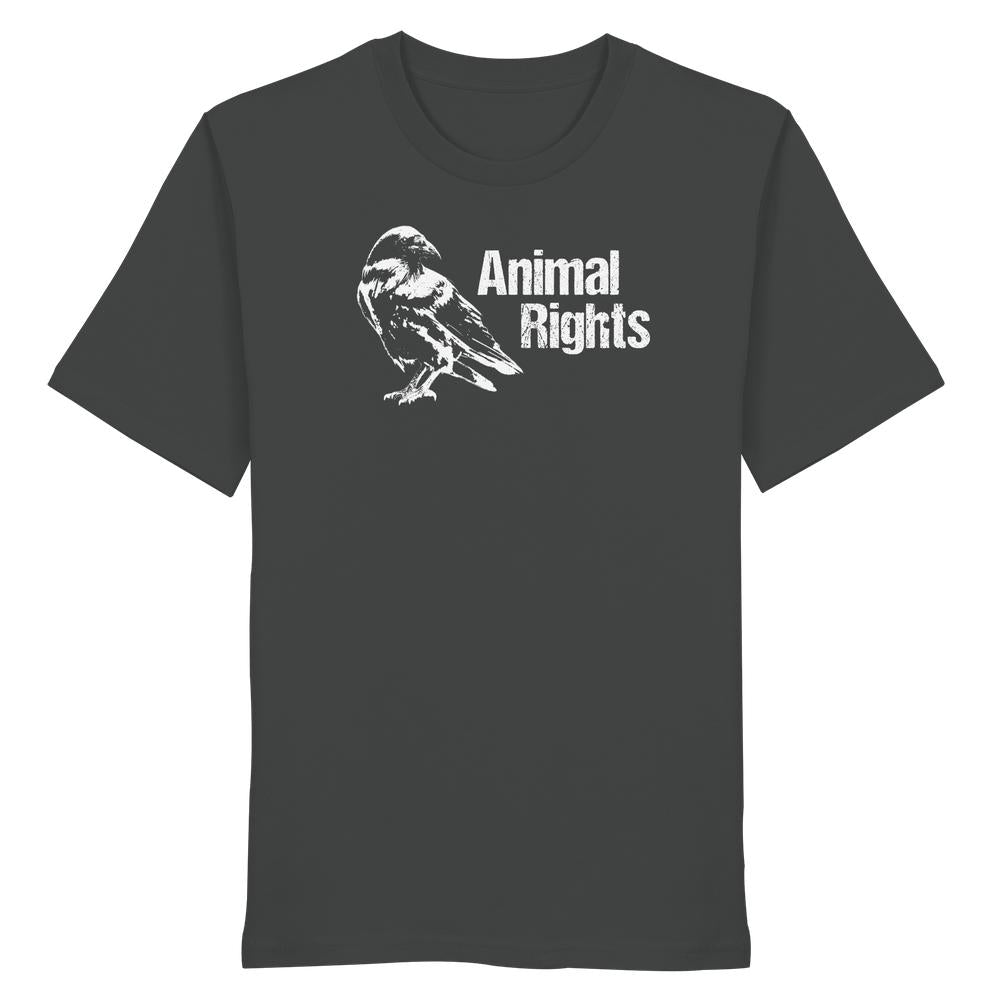 Unisex-Shirt Vegan und Bio: Rabe - Animal Rights. Dunkles T-Shirt mit weißem Vogel-Illustration und Animal Rights-Schriftzug. Bio-Baumwolle, normale Passform.
