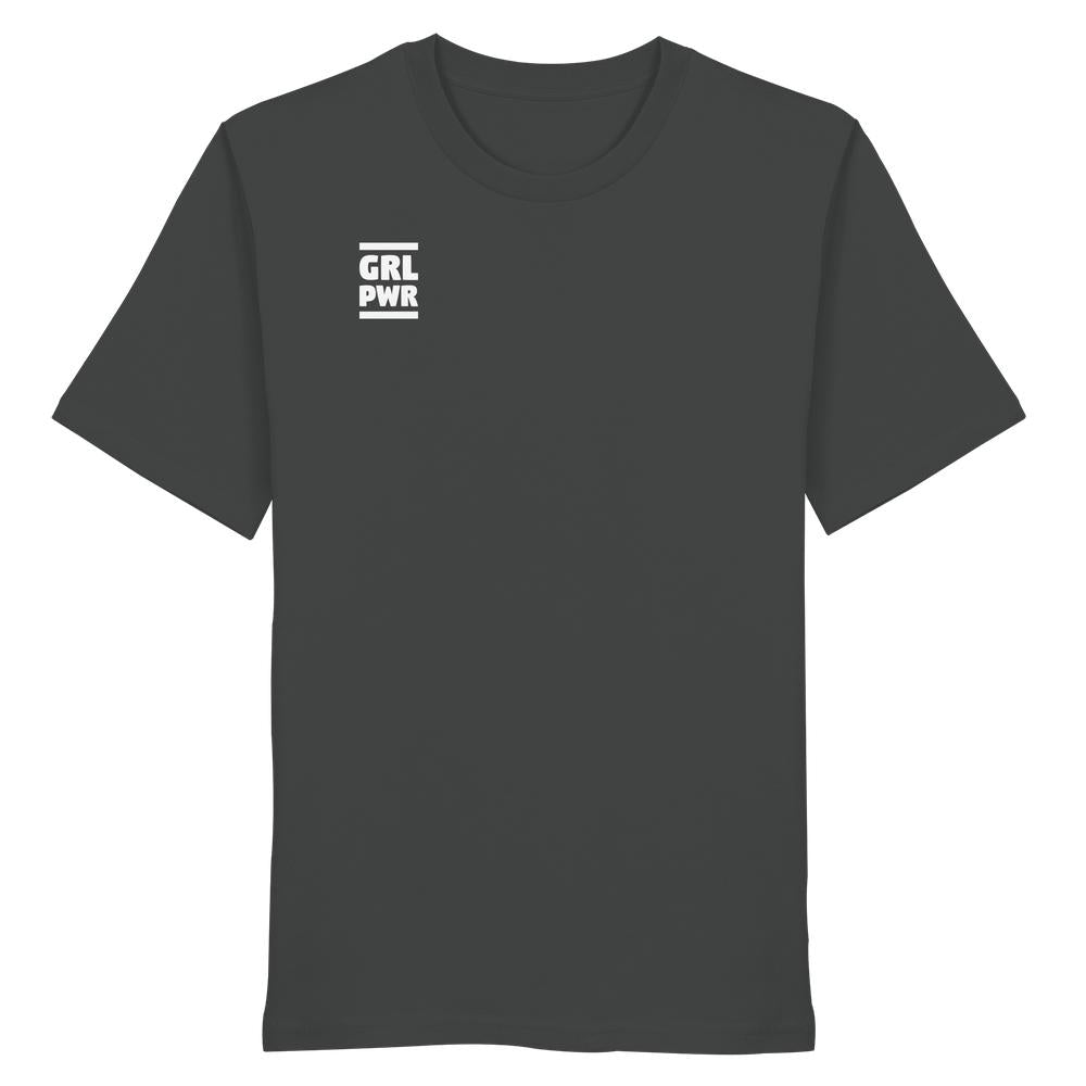 Veganes Unisex-Shirt mit GRL PWR-Logo, aus 100% Bio-Baumwolle. Feministische Botschaft, normale Passform, produziert von RUDE REBEL, bekannt für nachhaltige, rebellische Designs.