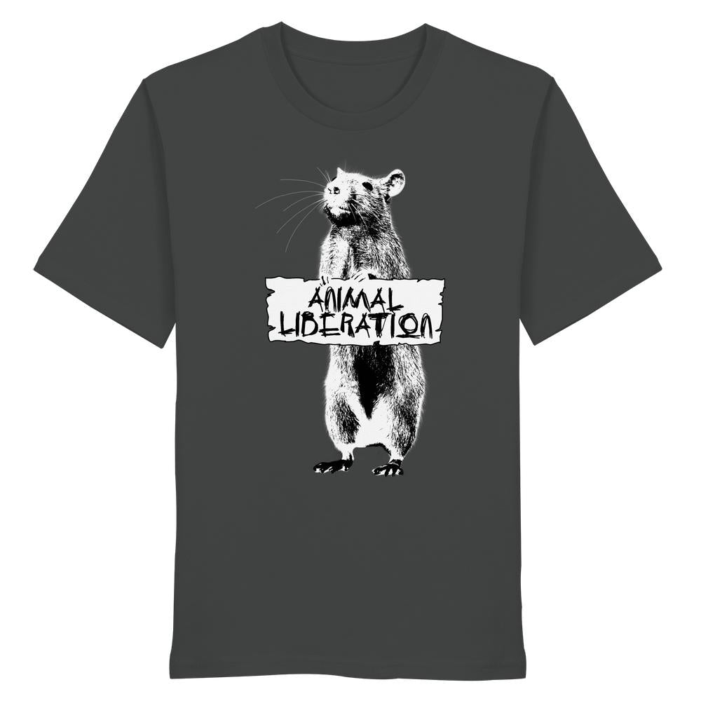 Dunkelgraues T-Shirt mit weißem Rattenmotiv und ANIMAL LIBERATION-Schild, inspiriert von Banksy, aus 100% Bio-Baumwolle. Vegan und Bio Unisex Shirt: Rat for Animal Liberation.