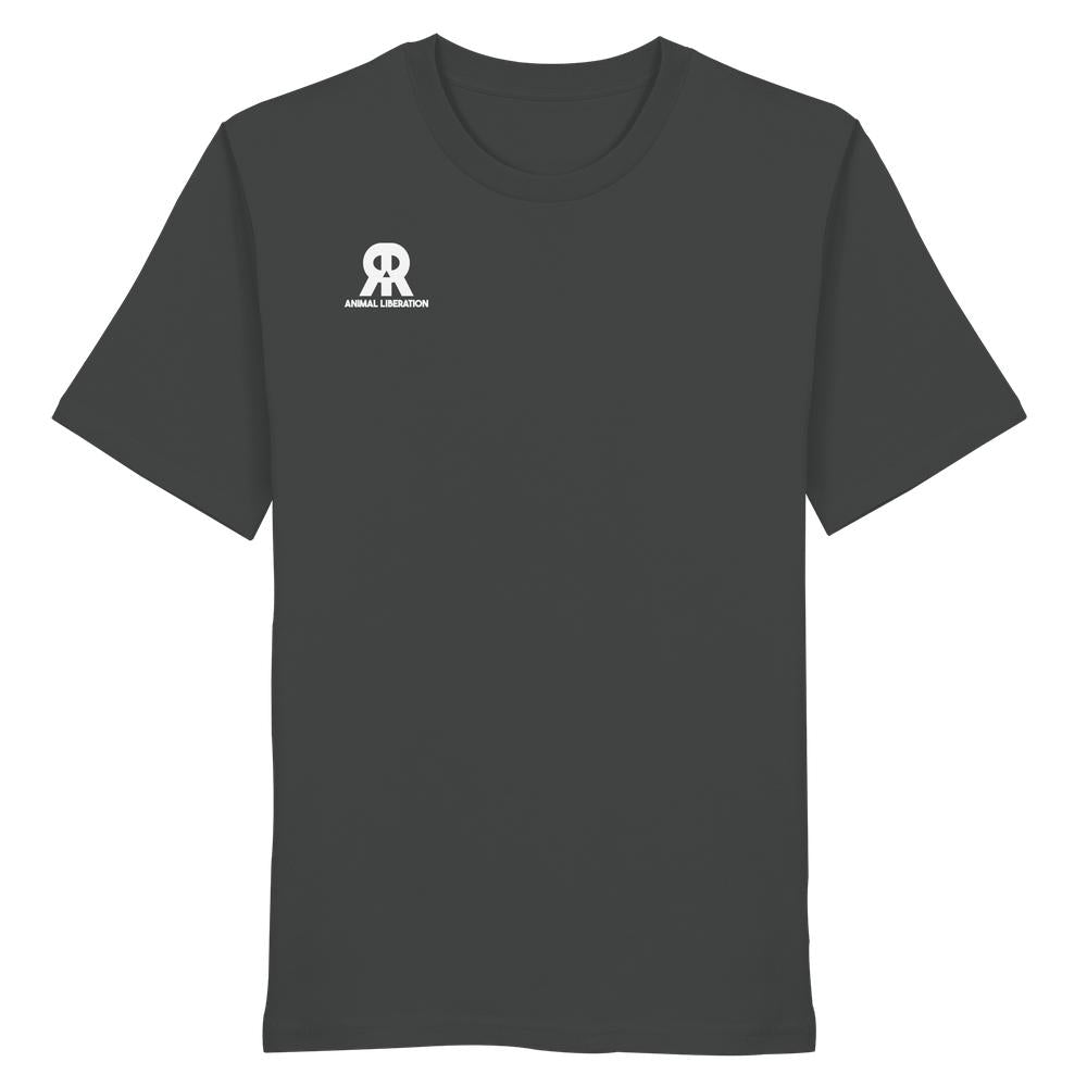 Vegan und Bio Unisex Shirt: RUDE REBEL Skull - Animal Liberation, schwarzes T-Shirt mit weißem AR-Logo und ANIMAL LIBERATION Text auf der Brust.