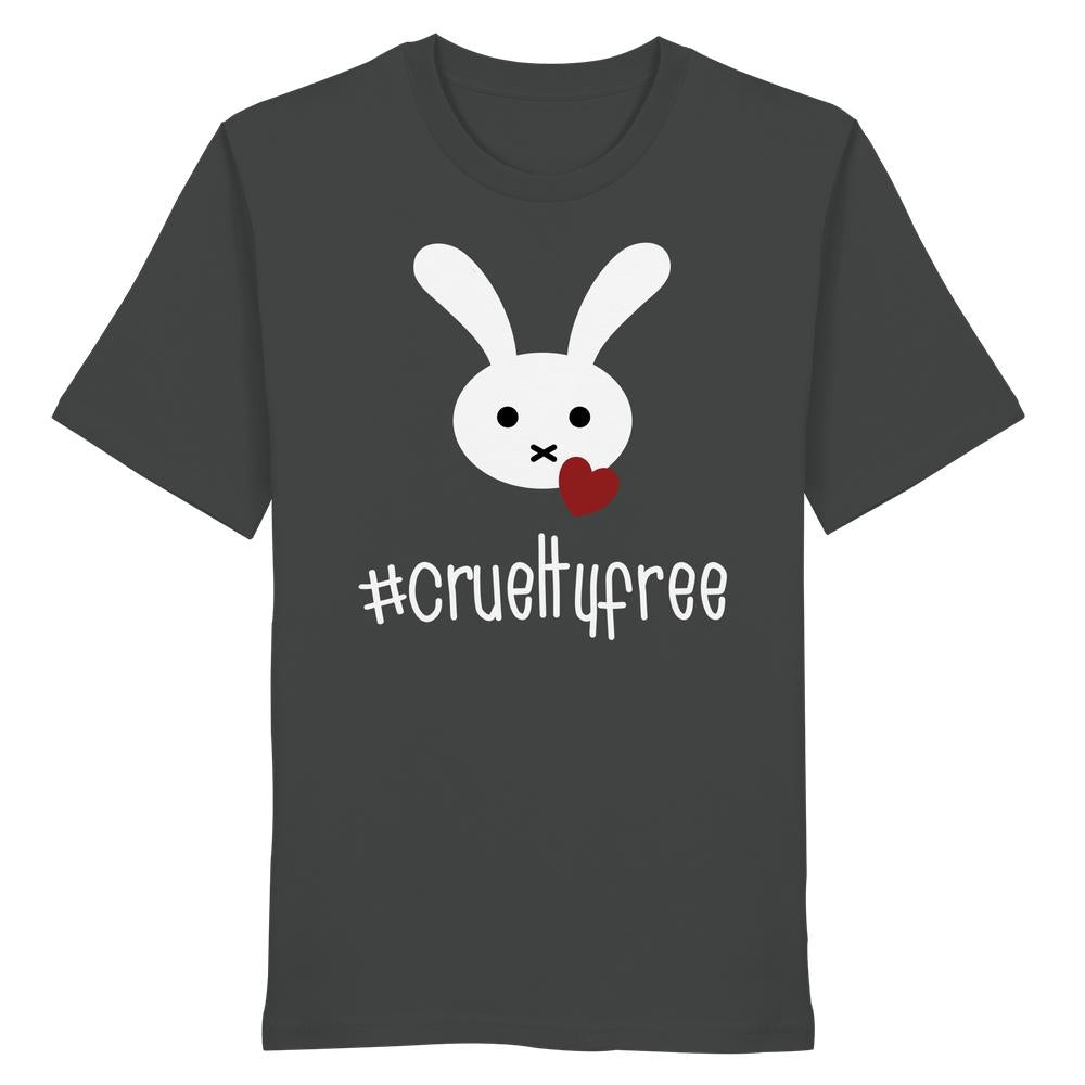 Unisex-T-Shirt aus Bio-Baumwolle mit stilisiertem Hasenmotiv und rotem Herz, betont veganen und tierfreundlichen Lebensstil. Perfekt für nachhaltige Mode von RUDE REBEL.