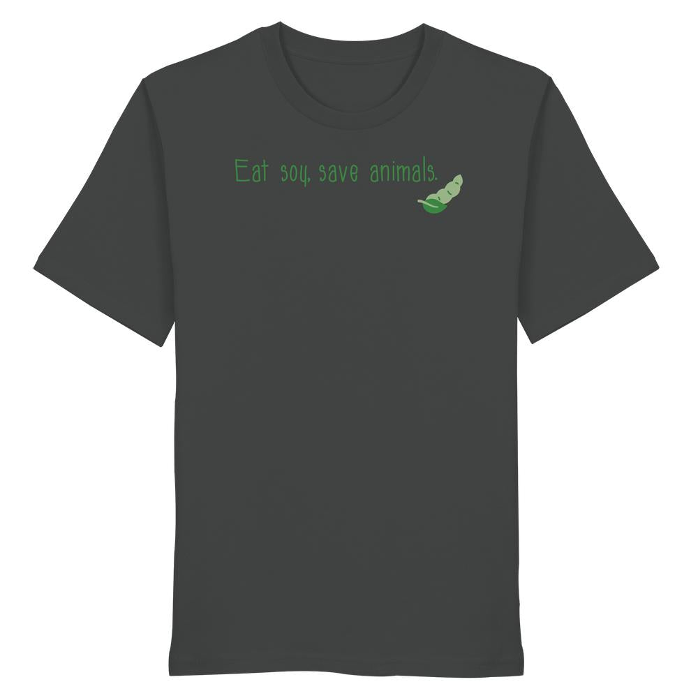 Dunkelgraues Bio-Baumwoll-T-Shirt mit grünem Schriftzug „Eat soy, save animals“ und Sojabohnen-Illustration, verkörpert veganen Lifestyle und Tierschutz von RUDE REBEL.