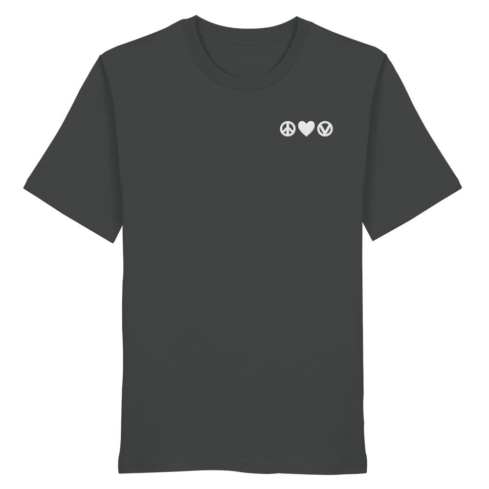 Vegan und Bio Unisex Shirt bestickt: Peace - Love - Veganism, dunkelgrau mit kleinen Icons für Frieden, Liebe und Veganismus auf der Brust, aus 100 % Bio-Baumwolle.