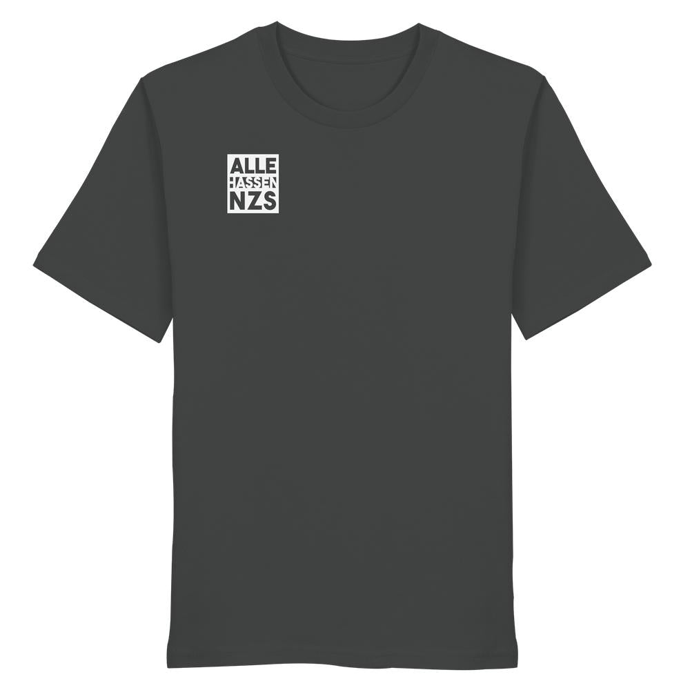 Vegan und Bio Unisex Shirt: ALLE HASSEN NZS! Dunkles T-Shirt mit weißem Print auf der linken Brust, 100% Bio-Baumwolle, normale Passform, nachhaltiges Design von RUDE REBEL.