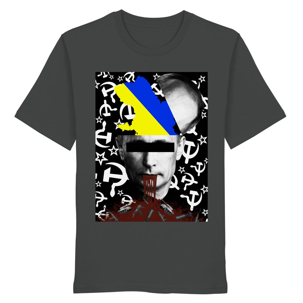 Vegan und Bio Unisex Shirt: STOP WAR IN UKRAINE! zeigt Putin mit überlagerten Ukraine-Symbolen, blutroten Details und Waffen, auf dunklem T-Shirt aus Bio-Baumwolle.