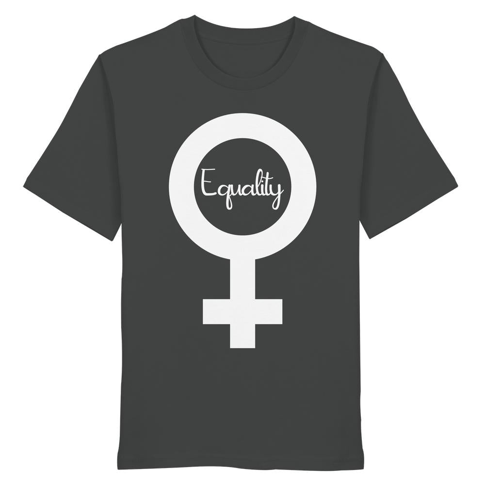 Unisex T-Shirt mit Venus-Symbol und Equality-Schriftzug, aus 100% Bio-Baumwolle, normaler Schnitt, von RUDE REBEL, thematisiert Feminismus und Gleichberechtigung.
