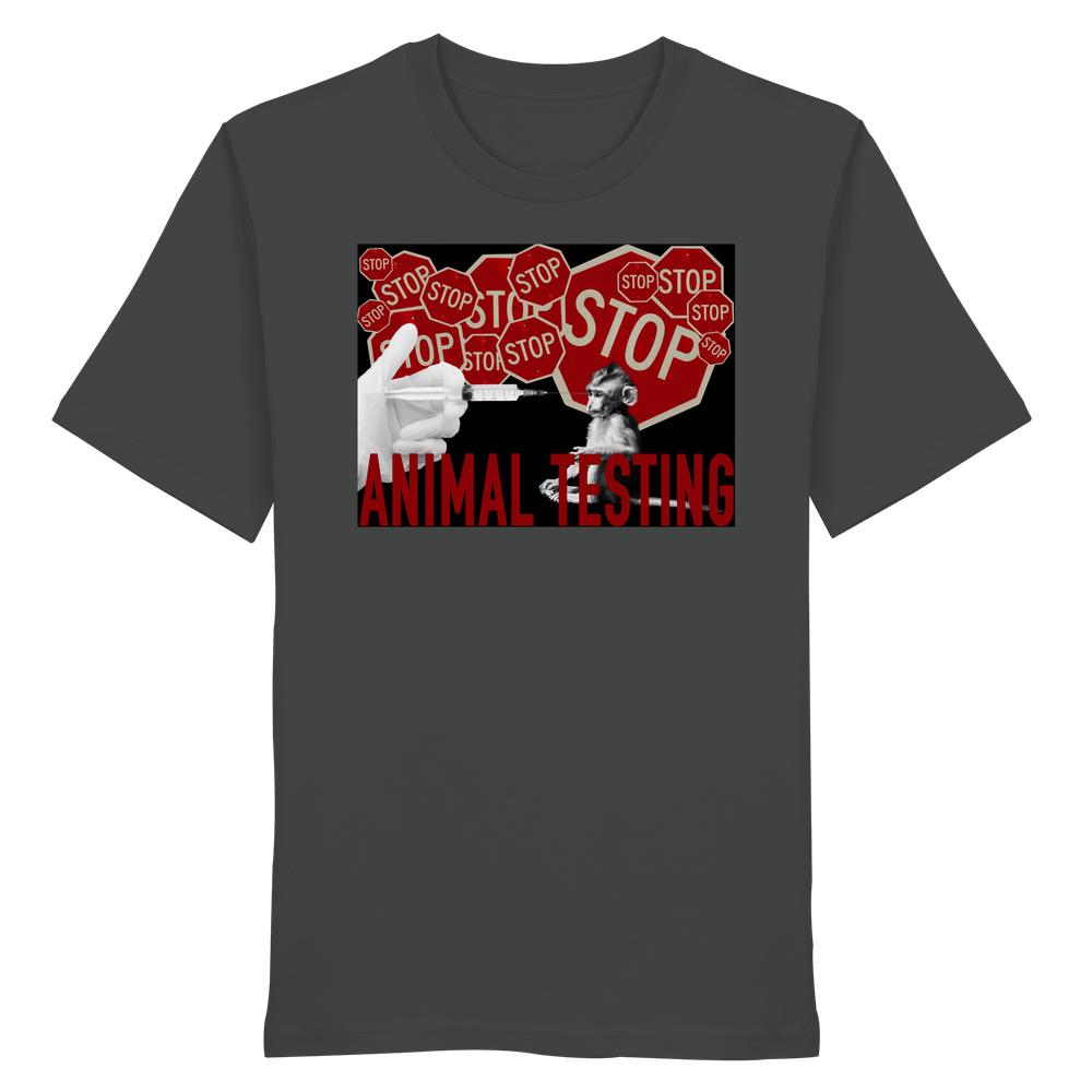 Vegan und Bio Unisex Shirt: STOP ANIMAL TESTING! Dunkelgraues T-Shirt mit Anti-Tierversuchs-Grafik, zeigt Spritze und Affen, rote STOP-Schilder und ANIMAL TESTING Schriftzug.