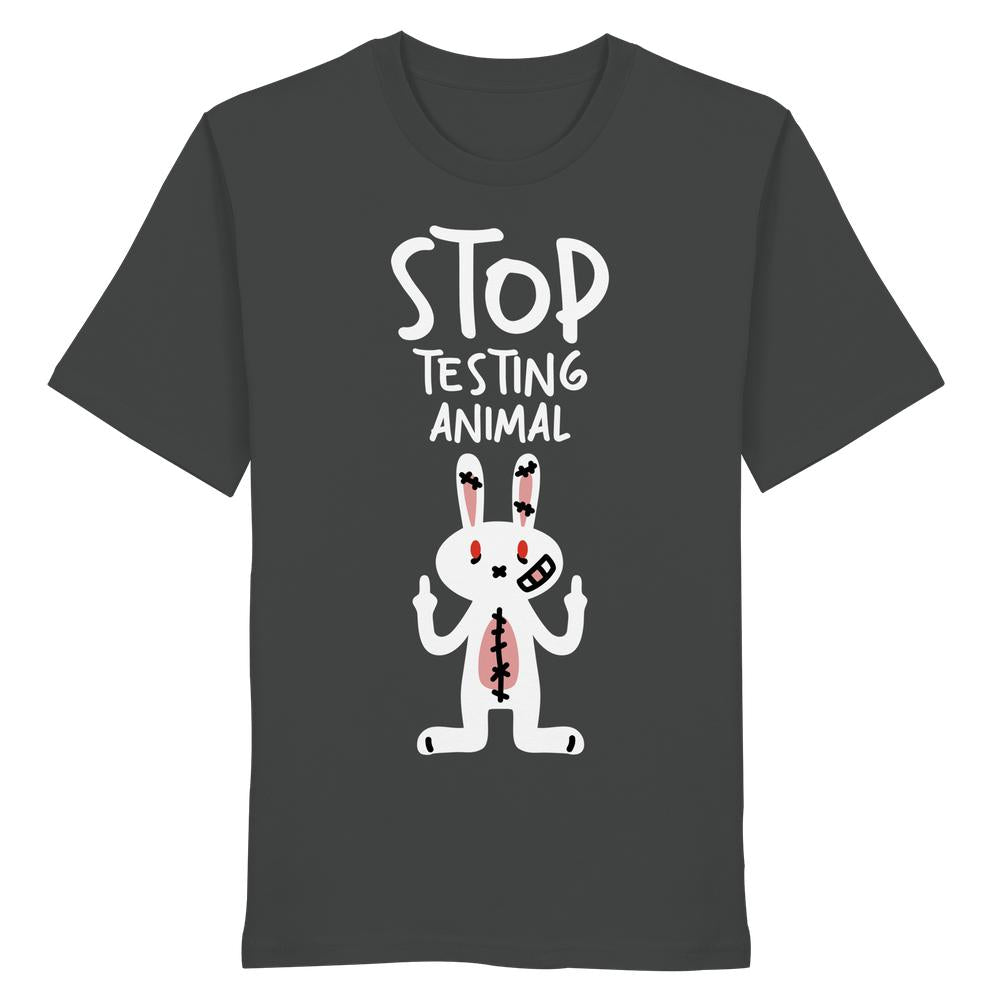 Vegan und Bio Shirt: Angry Rabbit - Animal Rights zeigt einen wütenden, gestickten Cartoon-Hasen mit erhobenen Mittelfingern und der Aufschrift STOP TESTING ANIMAL.