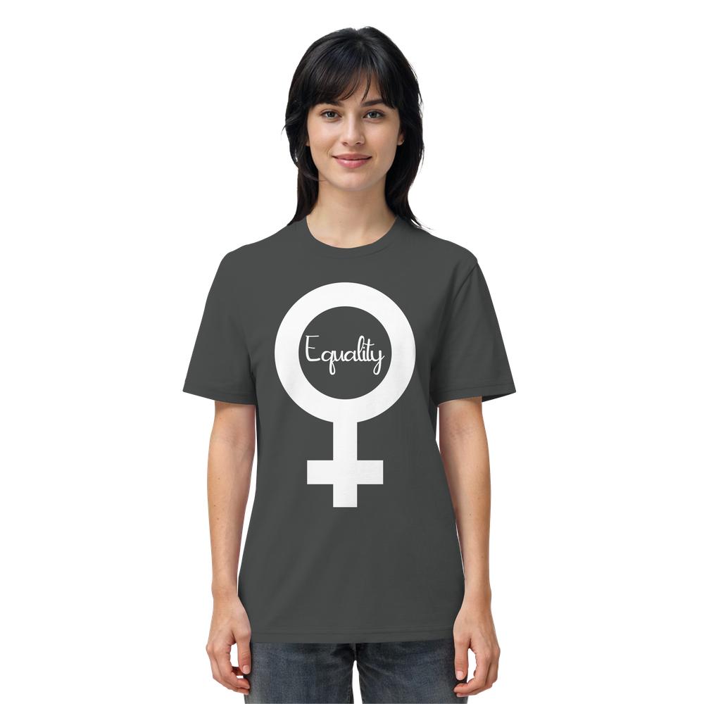 Person trägt ein dunkelgraues T-Shirt mit großem weißen Venus-Symbol und dem Wort „Equality“ im Kreis, vegan und bio, von RUDE REBEL.