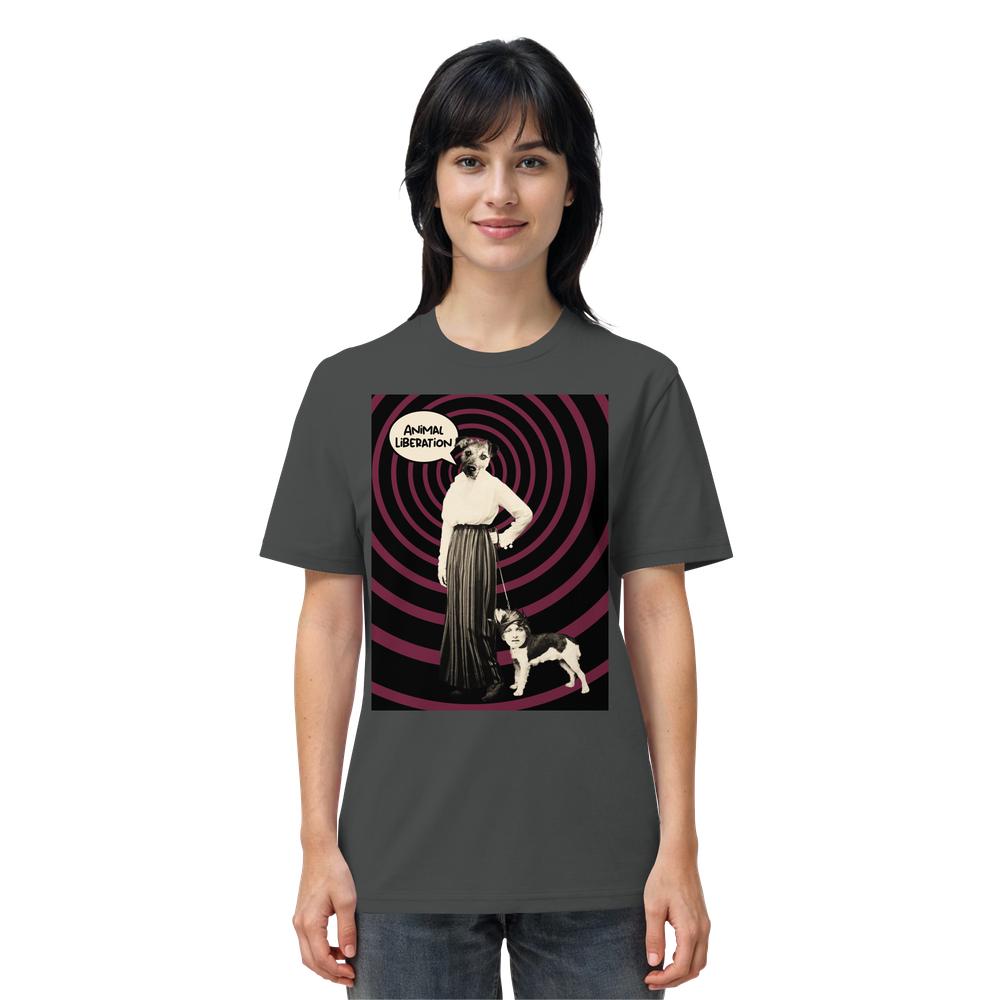 Vegan und Bio Unisex Shirt Upside Down - Animal Liberation mit avantgardistischer Collage: Frau mit Hundekopf, Hund, burgundrote Spiralen, Sprechblase Animal Liberation.