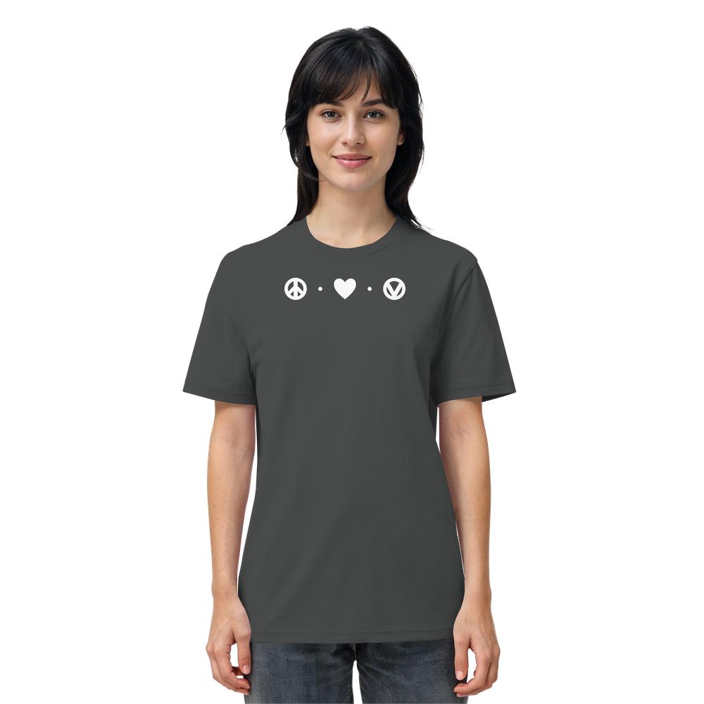 Vegan und Bio Unisex Shirt: Peace - Love - Veganism auf dunkelgrauem T-Shirt, dargestellt auf weiblicher Schaufensterpuppe, mit Symbolen für Frieden, Liebe und Veganismus.