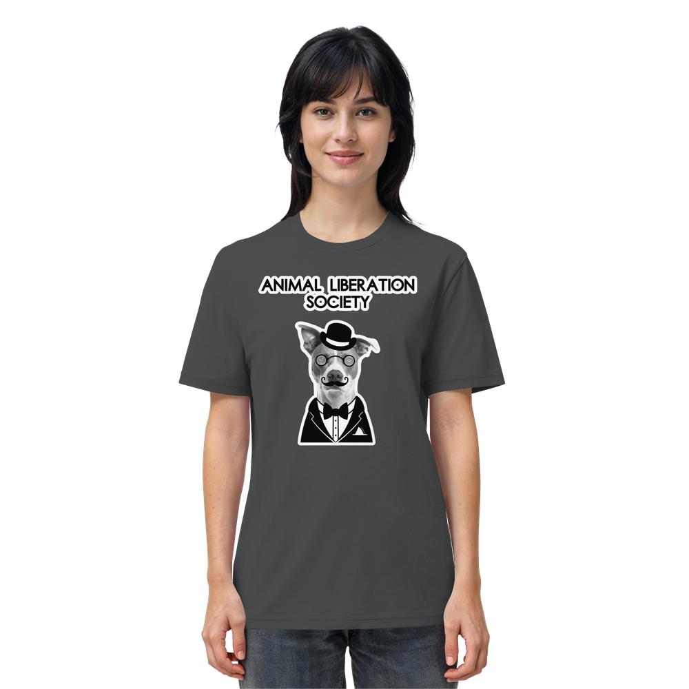 Vegan und Bio Unisex Shirt: Mr. Dog - Animal Liberation Society, zeigt einen Hund im Frack, inspiriert von Tierrechten, aus 100% Biobaumwolle.