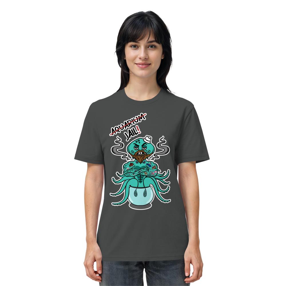 Vegan und Bio Unisex Shirt mit rebellischem Design: Cartoon-Oktopus in Zelle, thematisiert Tierrechte und Aquarienkritik. Hergestellt aus 100% Bio-Baumwolle, normale Passform.