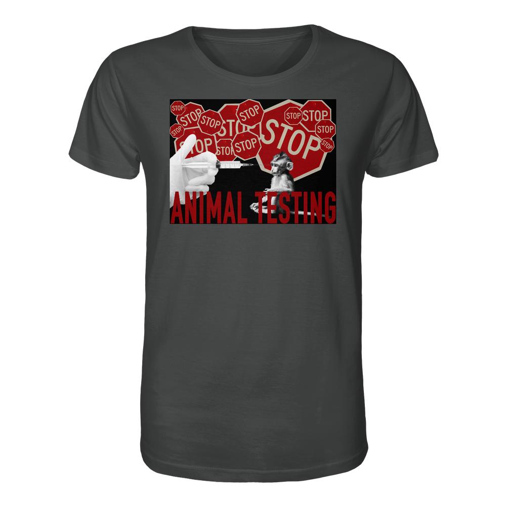 Vegan und Bio Unisex Shirt: STOP ANIMAL TESTING! Dunkelgraues T-Shirt mit Protestgrafik gegen Tierversuche: Spritze, Affe, rote “STOP”-Schilder; 100% Bio-Baumwolle, normale Passform.