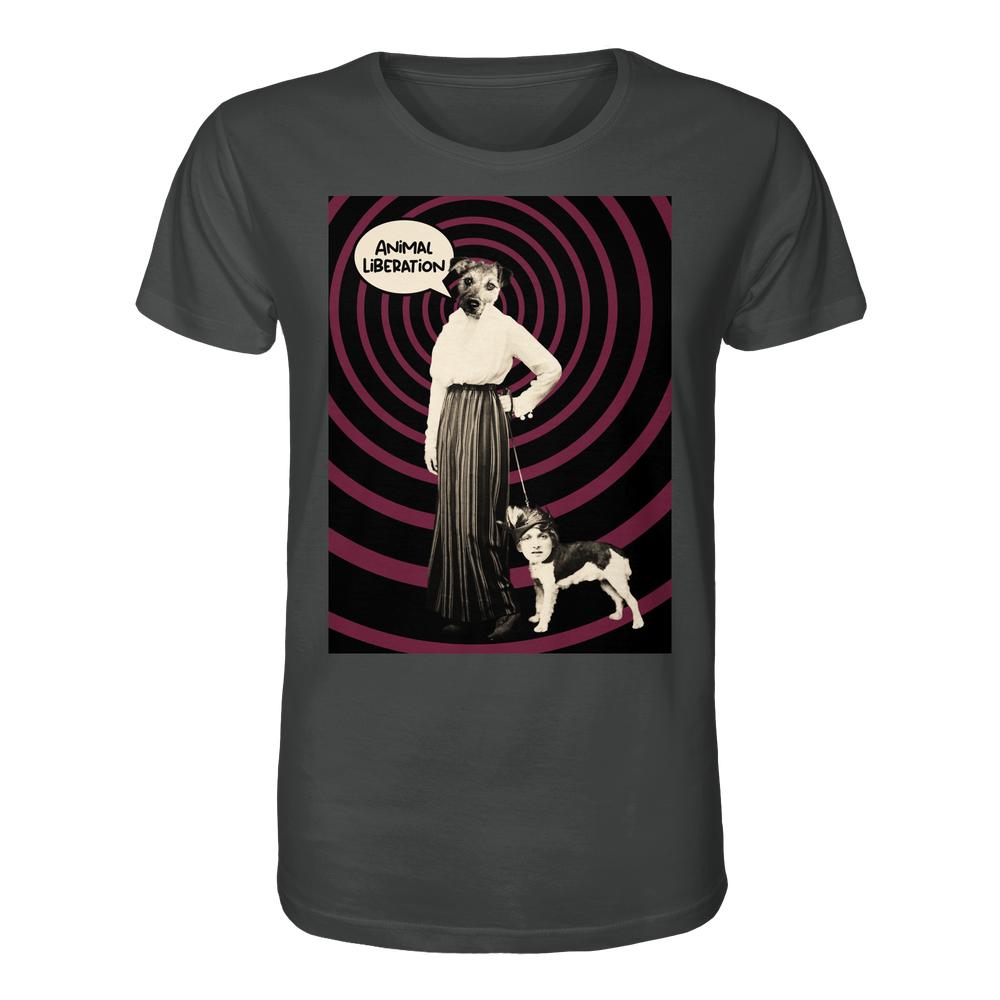 Vegan und Bio Unisex Shirt: Upside Down - Animal Liberation mit surrealem Collagenmotiv, Frau mit Hundekopf, Hund mit Frauenkopf, thematisiert Tierrechte und Freiheit.